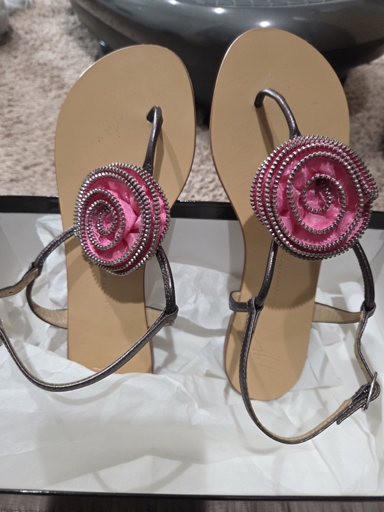 Giuseppe Zanotti Shoes - Giuseppe Zanotti Metallic Strap Sandals with Pink Rosette